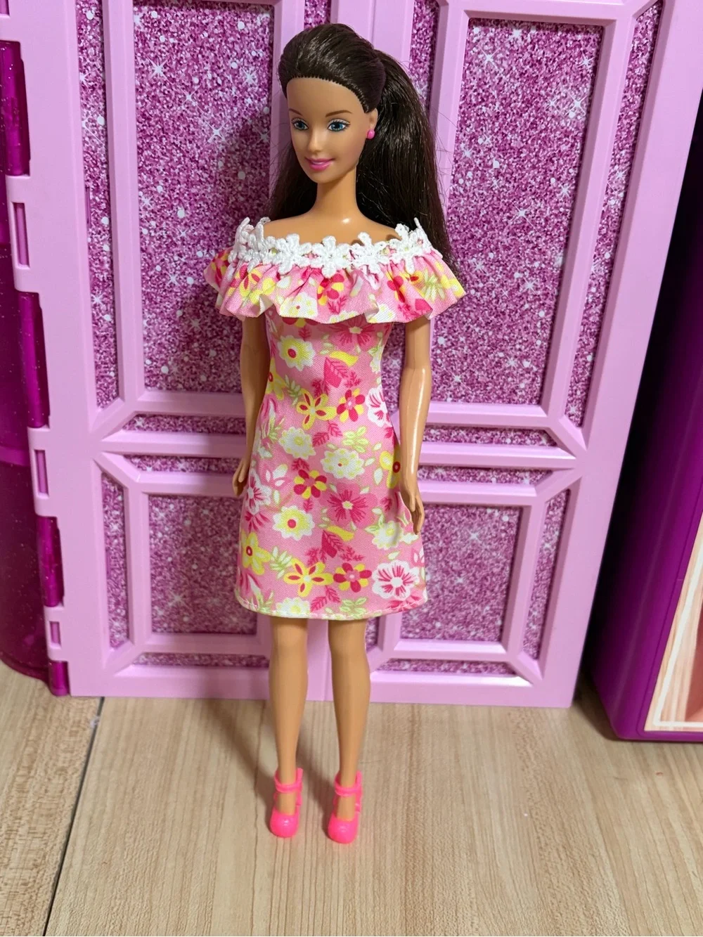 Barbie Pink Floral Off-Shoulder Dress with White Lace Trim